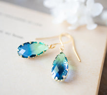 Load image into Gallery viewer, Green and Blue Earrings, Two Tone Vintage Glass Earrings, Gold Dangle Earrings, Teardrop Glass Jewel Earrings, Sparkly Crystal Earrings
