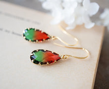 Load image into Gallery viewer, Red and Green Earrings, Vintage Glass Jewel Earrings, Gold Drop Earrings, Teardrop Crystal Earrings, Gift for Women
