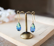 Load image into Gallery viewer, Green and Blue Earrings, Two Tone Vintage Glass Earrings, Gold Dangle Earrings, Teardrop Glass Jewel Earrings, Sparkly Crystal Earrings
