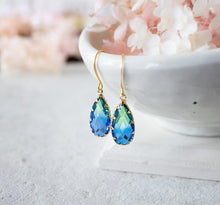 Load image into Gallery viewer, Green and Blue Earrings, Two Tone Vintage Glass Earrings, Gold Dangle Earrings, Teardrop Glass Jewel Earrings, Sparkly Crystal Earrings
