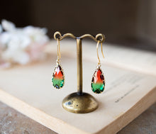 Load image into Gallery viewer, Red and Green Earrings, Vintage Glass Jewel Earrings, Gold Drop Earrings, Teardrop Crystal Earrings, Gift for Women
