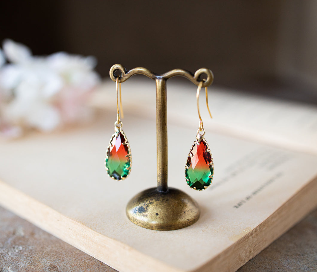 Red and Green Earrings, Vintage Glass Jewel Earrings, Gold Drop Earrings, Teardrop Crystal Earrings, Gift for Women