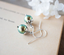 Load image into Gallery viewer, Iridescent Green Pearl Dangle Earrings, Antiqued Silver Earrings, Vintage Wedding Earrings, Bridesmaid Gift, Green Pearl Drop Earrings
