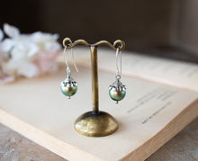 Load image into Gallery viewer, Iridescent Green Pearl Dangle Earrings, Antiqued Silver Earrings, Vintage Wedding Earrings, Bridesmaid Gift, Green Pearl Drop Earrings
