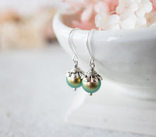 Load image into Gallery viewer, Iridescent Green Pearl Dangle Earrings, Antiqued Silver Earrings, Vintage Wedding Earrings, Bridesmaid Gift, Green Pearl Drop Earrings
