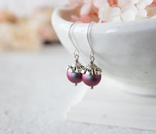 Load image into Gallery viewer, Burgundy Pearl Earrings, Iridescent Dark Red Pearl Dangle Earrings, Antiqued Silver Earrings, Vintage Burgundy Wedding Bridesmaid Gift
