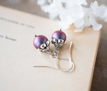 Load image into Gallery viewer, Burgundy Pearl Earrings, Iridescent Dark Red Pearl Dangle Earrings, Antiqued Silver Earrings, Vintage Burgundy Wedding Bridesmaid Gift
