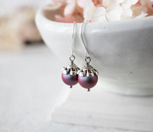 Load image into Gallery viewer, Burgundy Pearl Earrings, Iridescent Dark Red Pearl Dangle Earrings, Antiqued Silver Earrings, Vintage Burgundy Wedding Bridesmaid Gift
