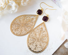 Load image into Gallery viewer, Large Gold Filigree Earrings, Burgundy Earrings, Teardrop Statement Earrings, Bohemian Boho Earrings, Dark Garnet Red Earrings, Boho Wedding
