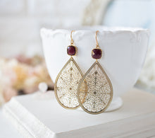 Load image into Gallery viewer, Large Gold Filigree Earrings, Burgundy Earrings, Teardrop Statement Earrings, Bohemian Boho Earrings, Dark Garnet Red Earrings, Boho Wedding
