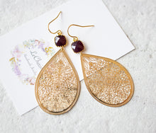 Load image into Gallery viewer, Large Gold Filigree Earrings, Burgundy Earrings, Teardrop Statement Earrings, Bohemian Boho Earrings, Dark Garnet Red Earrings, Boho Wedding
