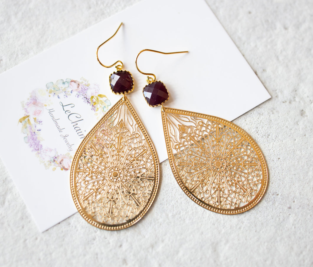 Large Gold Filigree Earrings, Burgundy Earrings, Teardrop Statement Earrings, Bohemian Boho Earrings, Dark Garnet Red Earrings, Boho Wedding