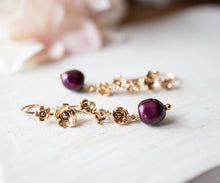 Load image into Gallery viewer, Plum Purple Burgundy Baroque Pearl Earrings, 18K Gold Flower Blossoms Earrings, Twig Earrings, Branch Earrings, Burgundy Wedding Jewelry
