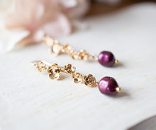 Load image into Gallery viewer, Plum Purple Burgundy Baroque Pearl Earrings, 18K Gold Flower Blossoms Earrings, Twig Earrings, Branch Earrings, Burgundy Wedding Jewelry
