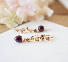 Load image into Gallery viewer, Plum Purple Burgundy Baroque Pearl Earrings, 18K Gold Flower Blossoms Earrings, Twig Earrings, Branch Earrings, Burgundy Wedding Jewelry
