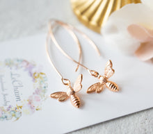 Load image into Gallery viewer, Rose Gold Bee Earrings, Bee Jewelry, Honey Bee Earrings, Bumble Bee Earrings, Rose gold Long Dangle Earrings, Gift for Bee Lover Bee Keeper
