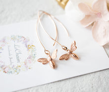 Load image into Gallery viewer, Rose Gold Bee Earrings, Bee Jewelry, Honey Bee Earrings, Bumble Bee Earrings, Rose gold Long Dangle Earrings, Gift for Bee Lover Bee Keeper
