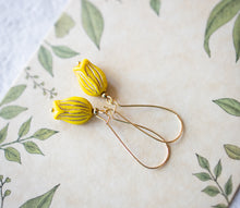 Load image into Gallery viewer, Yellow Tulip Earrings, Glass Flower Dangle Earrings, 16K Gold Kidney Ear wire, Gold Etched, Nature Inspired, Woodland, Botanical Jewelry
