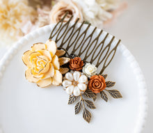 Load image into Gallery viewer, Fall Wedding Autumn Wedding Bridal Hair Accessory, Burnt Orange Ivory Rose Flower Antiqued Gold Leaf Branch Hair Comb, Country Wedding
