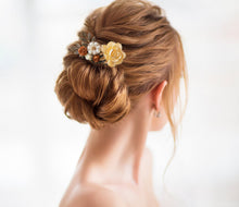 Load image into Gallery viewer, Fall Wedding Autumn Wedding Bridal Hair Accessory, Burnt Orange Ivory Rose Flower Antiqued Gold Leaf Branch Hair Comb, Country Wedding
