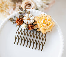 Load image into Gallery viewer, Fall Wedding Autumn Wedding Bridal Hair Accessory, Burnt Orange Ivory Rose Flower Antiqued Gold Leaf Branch Hair Comb, Country Wedding
