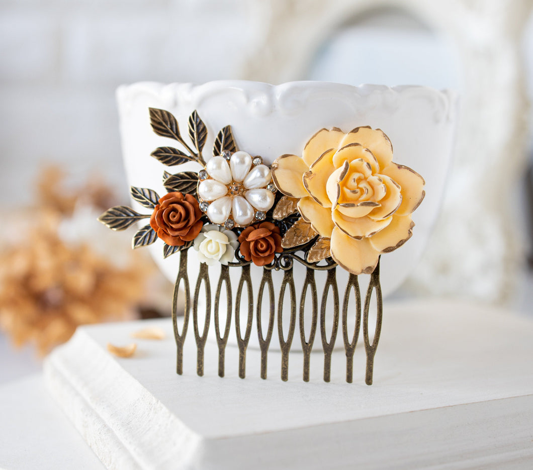 Fall Wedding Autumn Wedding Bridal Hair Accessory, Burnt Orange Ivory Rose Flower Antiqued Gold Leaf Branch Hair Comb, Country Wedding