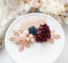 画像をギャラリービューアに読み込む, Rose Gold Burgundy Navy Blue Wedding Bridal Hair Comb, Bridesmaid Gift, Maroon Navy Blue wedding Comb, Dark red Navy Blue Comb, gift for her
