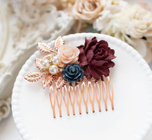 Load image into Gallery viewer, Burgundy Navy Blue Hair Comb, Fall Winter Wedding Bridal Hair Comb, Bridesmaids Gift, Rose Gold Hair Comb, Maroon Dark Red Navy Hair Comb
