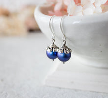 Load image into Gallery viewer, Blue Pearl Dangle Earrings, Silver Flower Top Iridescent Blue Pearl Drop Earrings, Vintage Wedding Bridesmaid Earrings, Victorian Style
