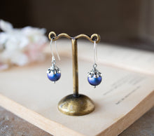 Load image into Gallery viewer, Blue Pearl Dangle Earrings, Silver Flower Top Iridescent Blue Pearl Drop Earrings, Vintage Wedding Bridesmaid Earrings, Victorian Style
