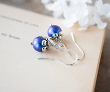 Load image into Gallery viewer, Blue Pearl Dangle Earrings, Silver Flower Top Iridescent Blue Pearl Drop Earrings, Vintage Wedding Bridesmaid Earrings, Victorian Style
