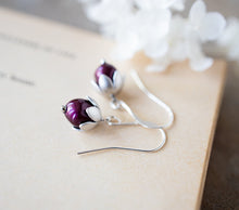 Load image into Gallery viewer, Burgundy Baroque Pearl Earrings, Silver Flower Bud Earrings, Dark Red Pearl, Burgundy Wedding Jewelry, Bridesmaid Gift, Flower Girl Gift
