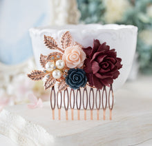 Load image into Gallery viewer, Burgundy Navy Blue Hair Comb, Fall Winter Wedding Bridal Hair Comb, Bridesmaids Gift, Rose Gold Hair Comb, Maroon Dark Red Navy Hair Comb
