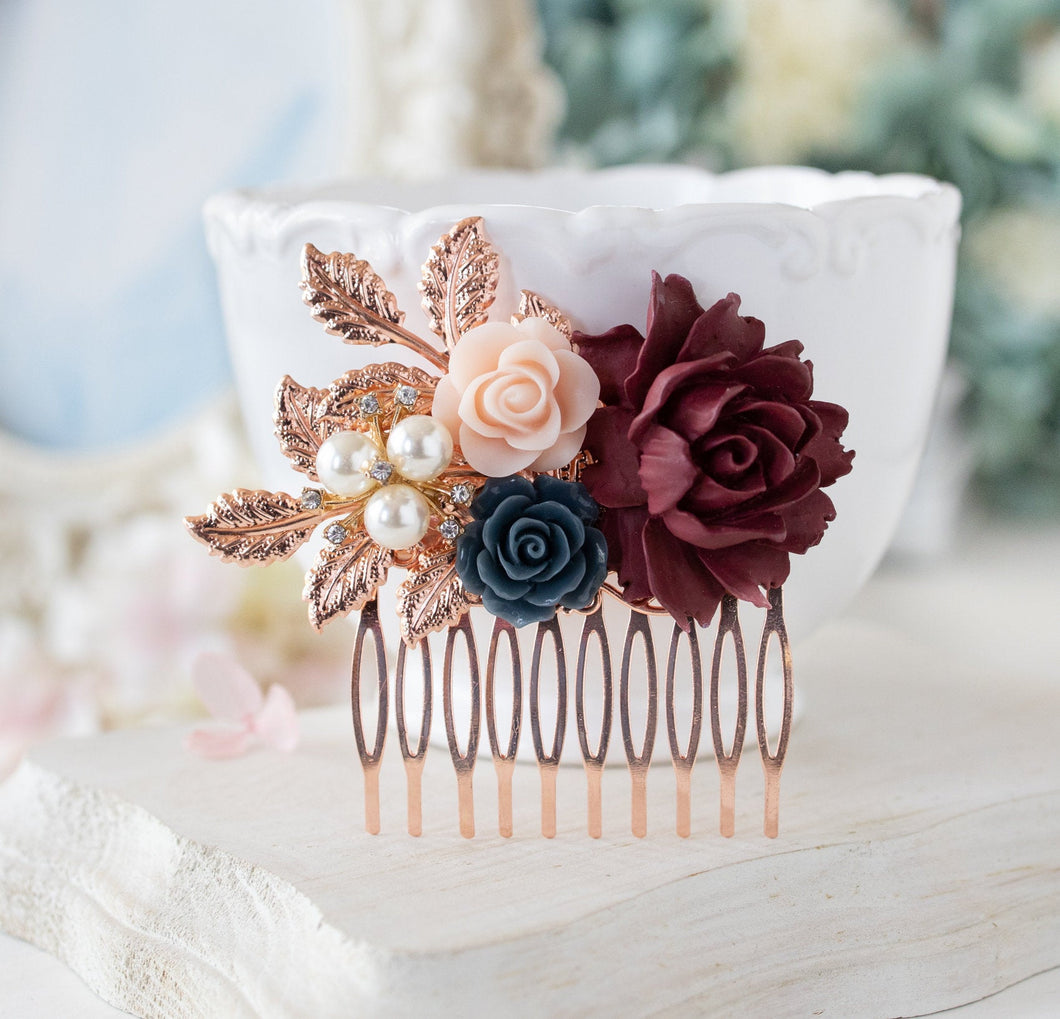 Burgundy Navy Blue Hair Comb, Fall Winter Wedding Bridal Hair Comb, Bridesmaids Gift, Rose Gold Hair Comb, Maroon Dark Red Navy Hair Comb