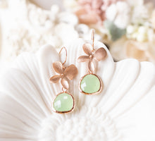 Load image into Gallery viewer, Mint Green Glass Stone Rose Gold Flower Dangle Earrings, Light Weight Modern Everyday Earrings, Anniversary Gift, Birthday Gift for Women
