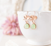 Load image into Gallery viewer, Mint Green Glass Stone Rose Gold Flower Dangle Earrings, Light Weight Modern Everyday Earrings, Anniversary Gift, Birthday Gift for Women
