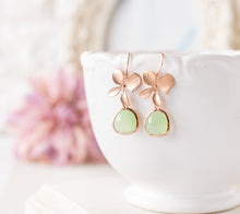 Load image into Gallery viewer, Mint Green Glass Stone Rose Gold Flower Dangle Earrings, Light Weight Modern Everyday Earrings, Anniversary Gift, Birthday Gift for Women
