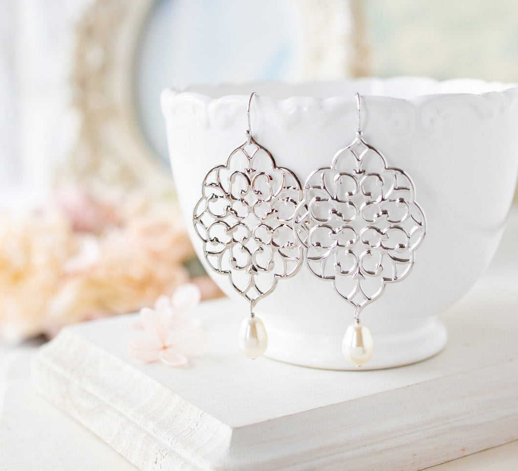 Large Silver Filigree Earrings with Cream White Teardrop Pearls, Bohemian Earrings, Statement Earrings, Gift for Women daughter wife mom