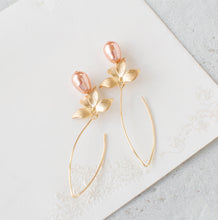 Load image into Gallery viewer, Peach Pearl Earrings, Gold Flower Long Dangle Earrings, Peach Wedding Jewelry, Bridesmaid Gift, Teardrop Peach Pearl, Gift for Her
