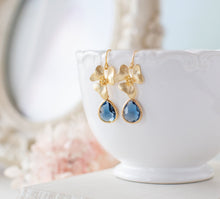 Load image into Gallery viewer, Navy Blue Earrings, Gold Flower Dark Sapphire Dangle Earrings. Navy Wedding Jewelry, Something Blue, Bridesmaid Gift, September Birthstone
