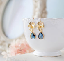 Load image into Gallery viewer, Navy Blue Earrings, Gold Flower Dark Sapphire Dangle Earrings. Navy Wedding Jewelry, Something Blue, Bridesmaid Gift, September Birthstone
