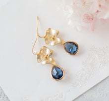 Load image into Gallery viewer, Navy Blue Earrings, Gold Flower Dark Sapphire Dangle Earrings. Navy Wedding Jewelry, Something Blue, Bridesmaid Gift, September Birthstone
