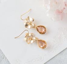 Load image into Gallery viewer, Peach Champagne Teardrop Crystal Gold Orchid Flower Dangle Earrings, Wedding Jewelry, Bridesmaid Earrings, Bridal Party Gift, Gift for Her
