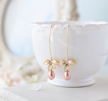 Load image into Gallery viewer, Peach Pearl Earrings, Gold Flower Long Dangle Earrings, Peach Wedding Jewelry, Bridesmaid Gift, Teardrop Peach Pearl, Gift for Her
