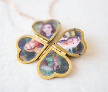 Load image into Gallery viewer, Family Photo Locket Necklace, Gold Brass Clover Necklace, Open Heart Locket Necklace, Family Jewelry, Personalized Gift for Mom Wife
