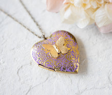 Load image into Gallery viewer, Purple Heart Locket Necklace, Butterfly Locket Necklace, Butterfly Necklace, Gold Heart, Photo Locket, Personalized Gift for Wife Mom
