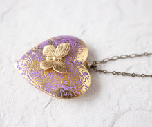 Load image into Gallery viewer, Purple Heart Locket Necklace, Butterfly Locket Necklace, Butterfly Necklace, Gold Heart, Photo Locket, Personalized Gift for Wife Mom
