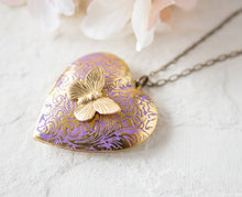 Load image into Gallery viewer, Purple Heart Locket Necklace, Butterfly Locket Necklace, Butterfly Necklace, Gold Heart, Photo Locket, Personalized Gift for Wife Mom
