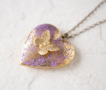 Load image into Gallery viewer, Purple Heart Locket Necklace, Butterfly Locket Necklace, Butterfly Necklace, Gold Heart, Photo Locket, Personalized Gift for Wife Mom
