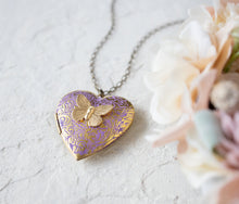 Load image into Gallery viewer, Purple Heart Locket Necklace, Butterfly Locket Necklace, Butterfly Necklace, Gold Heart, Photo Locket, Personalized Gift for Wife Mom
